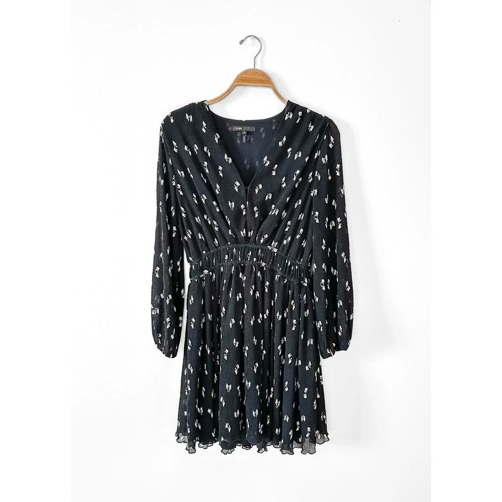 Maje Rionana V-Neck Bow Print Mini Dress size 42 or XL - Picture 3 of 12